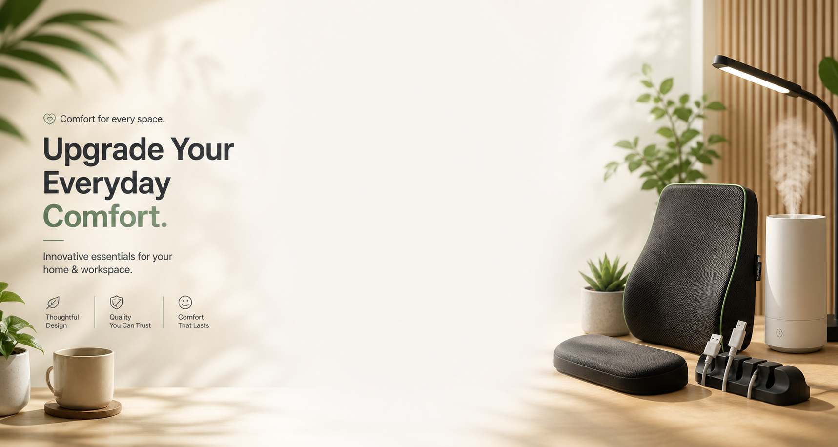 Black massage chair pad with accessories on a wooden floor, plants, and a lamp in the background.