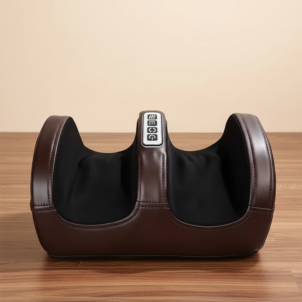 Multifunctional Foot Massager with Leg Features And Heating Function displayed on a wooden surface.