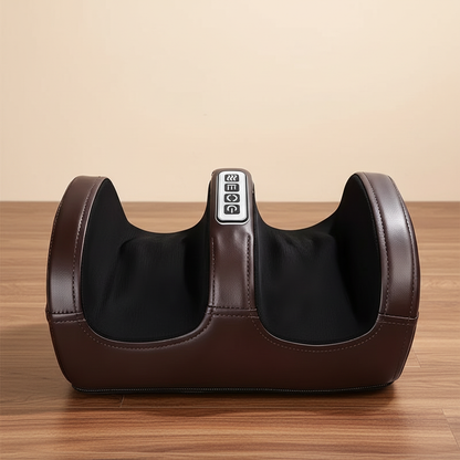 Multifunctional Foot Massager with Leg Features And Heating Function displayed on a wooden surface.