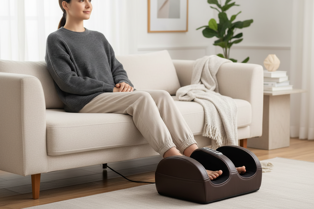 A woman using a Multifunctional Foot Massager with Leg Features And Heating Function while sitting on a couch.