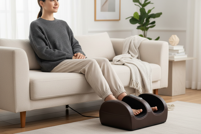 A woman using a Multifunctional Foot Massager with Leg Features And Heating Function while sitting on a couch.
